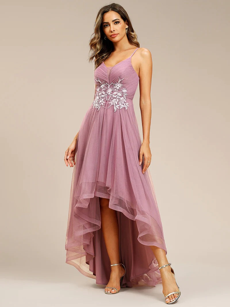 2025 popular autumn new 2025 dresses deep V simple front short rear long mesh yarn annual meeting bridesmaid dance evening dress