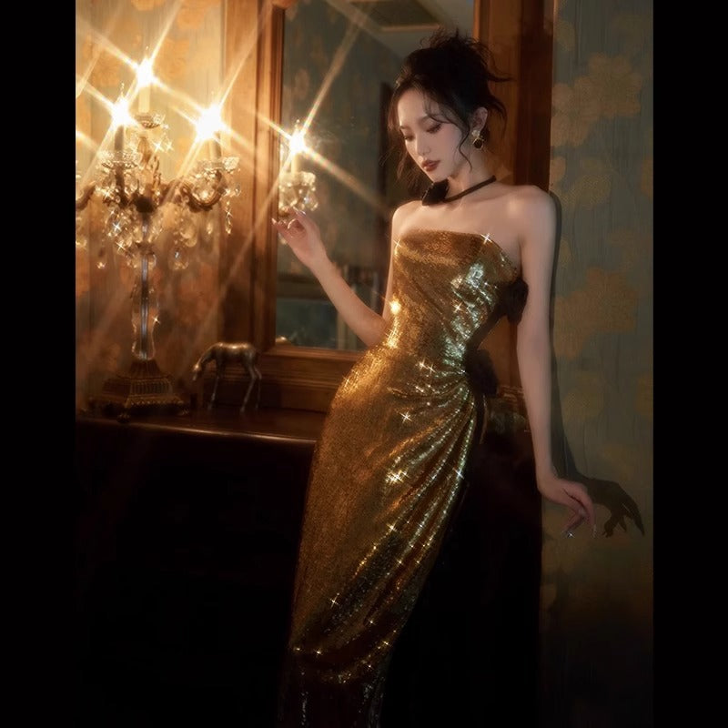 2025 tube top evening dress skirt popular new bridal wedding gold sequined fishtail toast dress banquet host