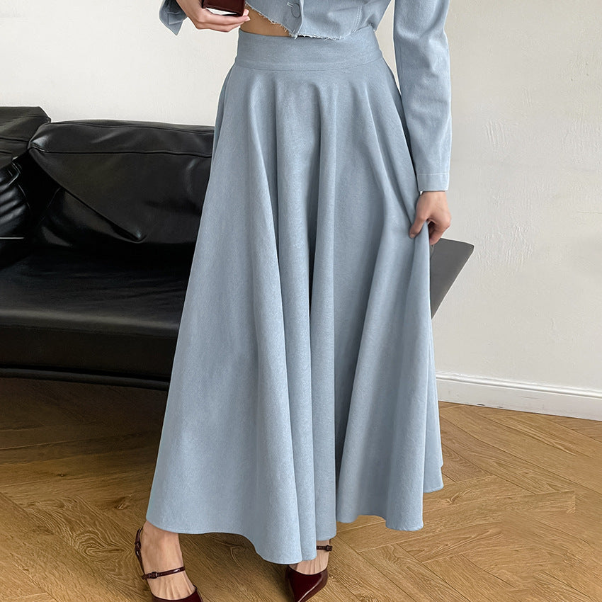 XAKXX 2025Autumn and winter retro elegant blue cotton and linen loose high waist and ankle skirt 2025 popular minimalist fashion casual skirt