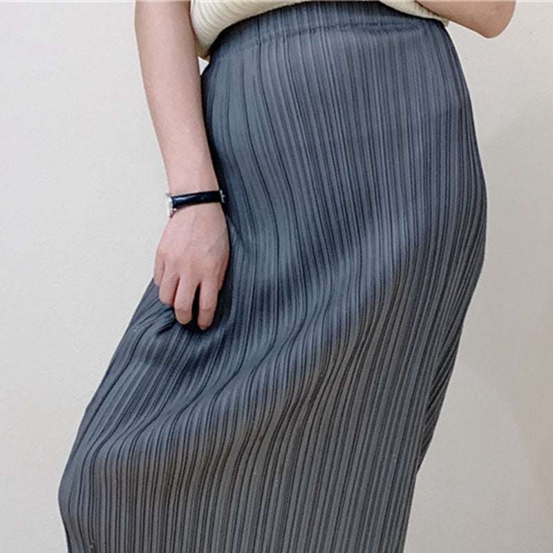 2025 Summer new product temperament Sanzhai skirt casual pleated slim fit long high elastic pleated hip skirt one step skirt