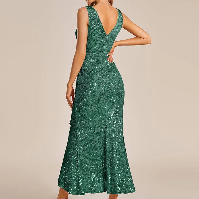 XAKXX 2025 popular New new sequined gauze commuting solid color mid-waist red suspender host banquet dress evening dress