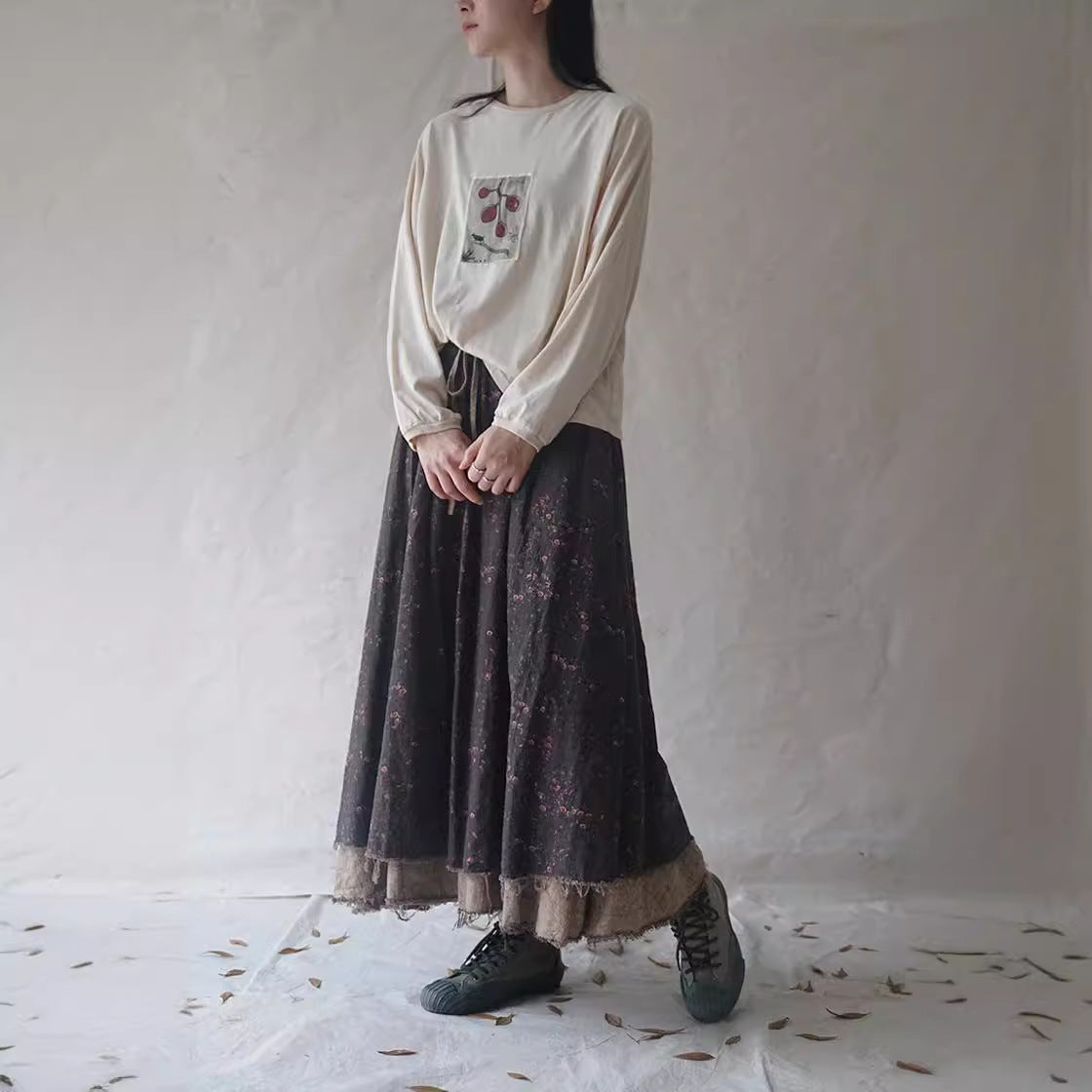casual literary printing splicing ecological cotton long-sleeved T-shirt, environmentally friendly cotton knitted sweater bottoming shirt S0127