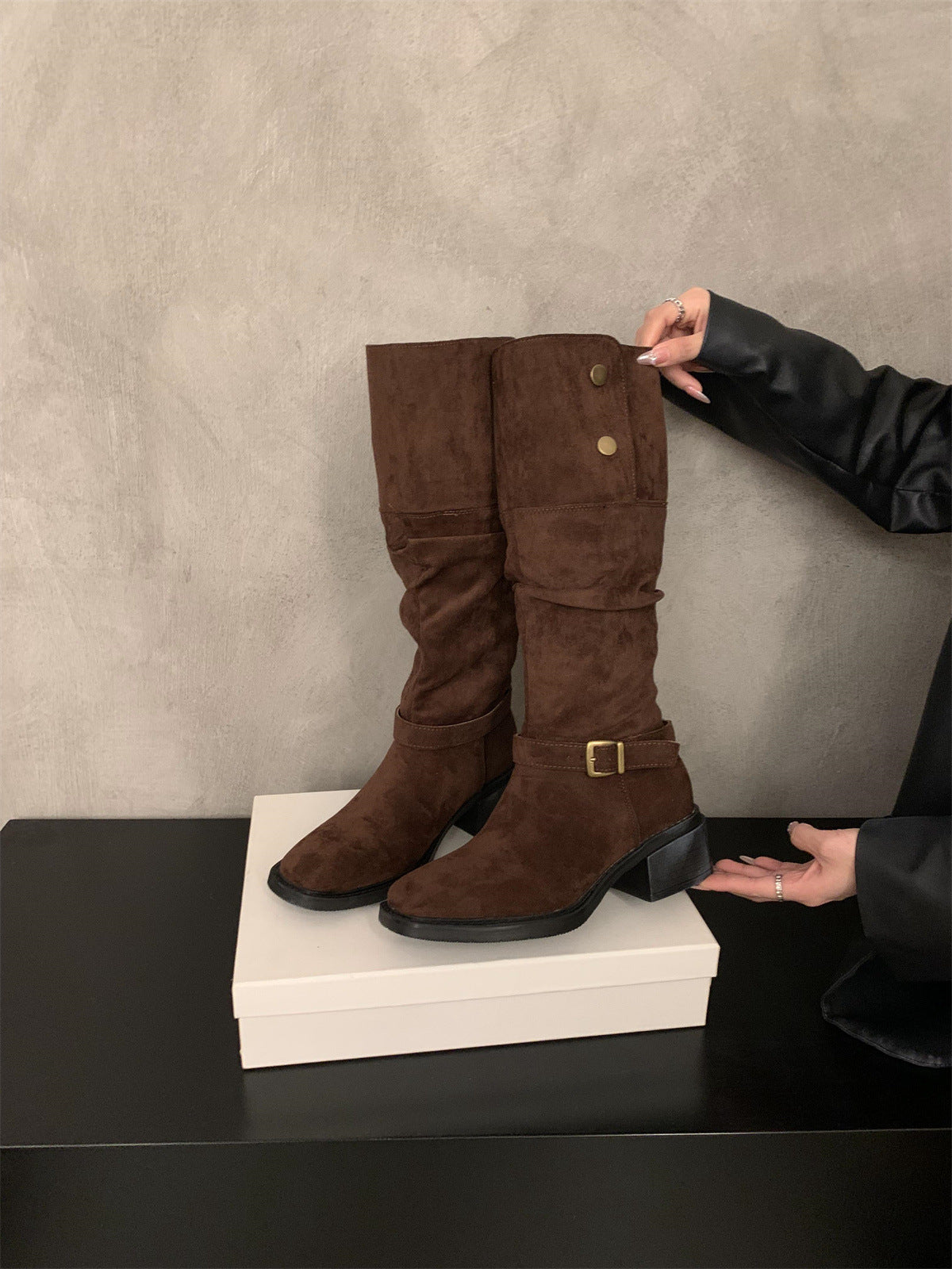 2025 Maillard metal buckle lapel two wear thick heel stack boots new suede round head knight boots in autumn and winter popular