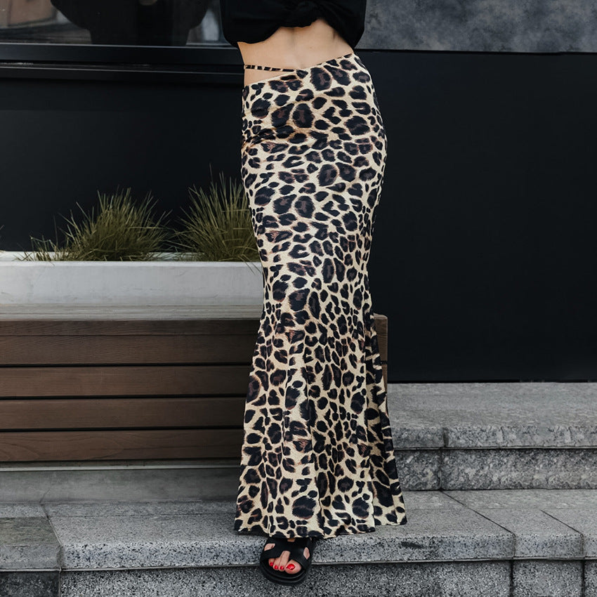 XAKXX Spring and summer new fashion thin bright satin leopard print slim slim skirt 2025 mid-waist strap-up dress