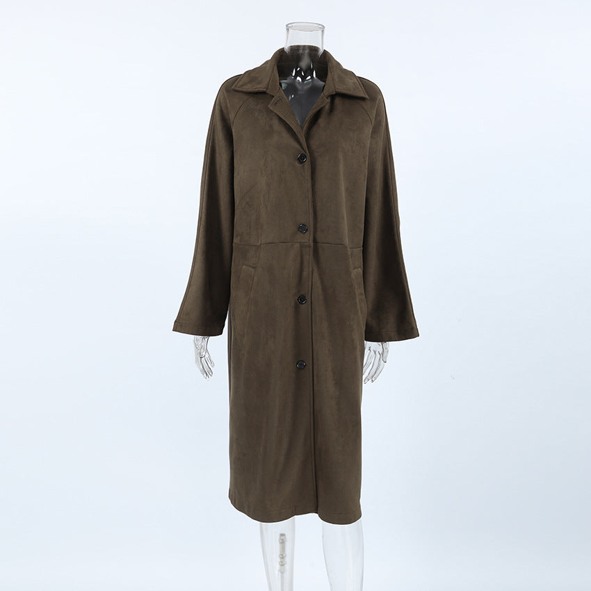 XAKXX 2025 spring and summer casual versatile retro classic brown long knitted suede long-sleeved tooling trench coat women