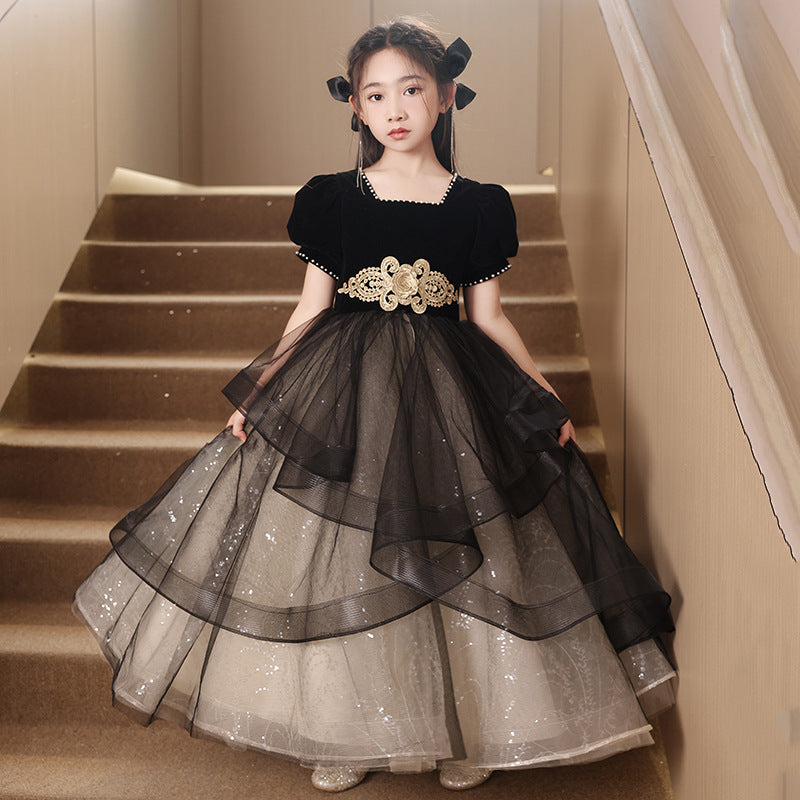 Children's Dress Princess Dress Girls Evening Dress Light Luxury Minority High-End Black Host Piano Performance Costume