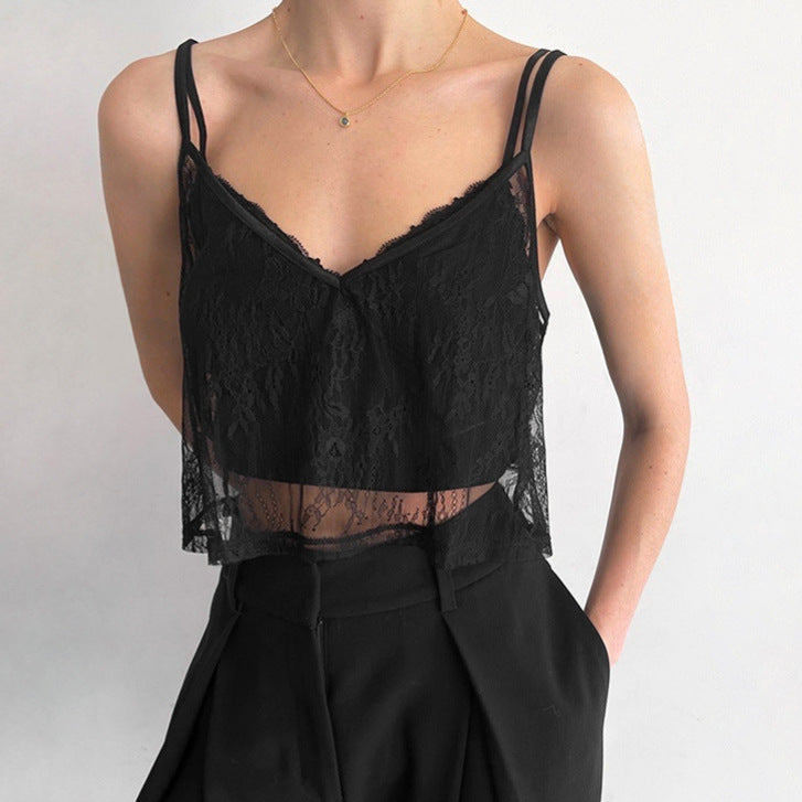 XAKXX 2025 sexy perspective black suspender small vest women's 2025 early spring pure desire loose short Spice Girl top women's clothing