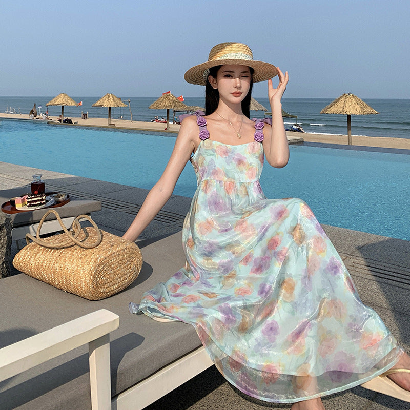 2025 Summer dopamine seaside vacation skirt coffee break beautiful printing super good-looking pure desire wind suspender dress