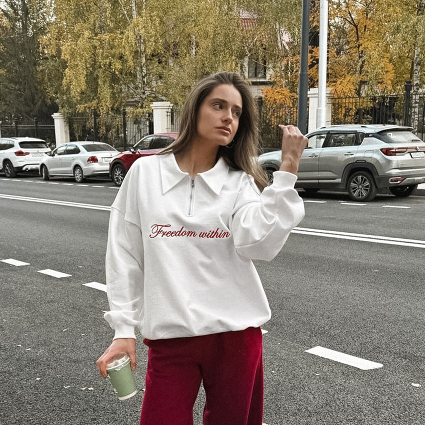 XAKXX Casual Autumn Fashion Embroidery Classic White Lapel Loose Knitted American Sweater Spice Girl Versatile Top Women's Clothing
