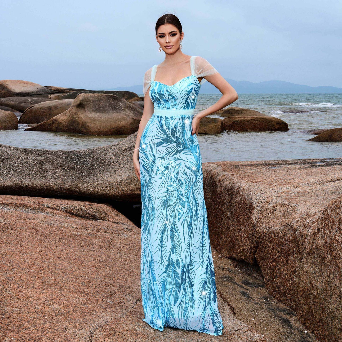2025 sleeveless temperament square collar sexy slim long sequined banquet evening dress bridesmaid dress women