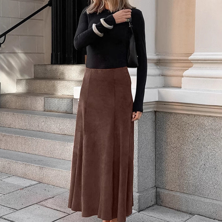 XAKXX Autumn and winter retro new fashion knitted matte velvet brown slim-fitting high-waisted straight skirt casual long dress women