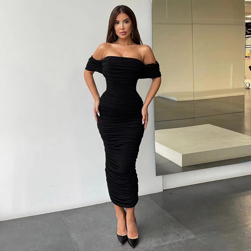 XAKXX Tube top one-word shoulder pleated dress European sexy aura beautiful woman tight one-step skirt waist hip lift hip wrap skirt