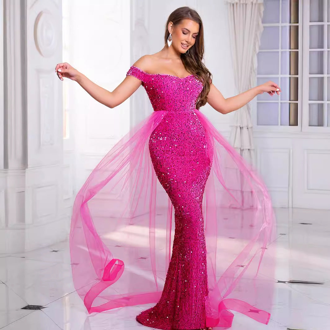 2025 sequined evening dress popular new autumn heavy industry fishtail long hosting banquet one-word shoulder annual meeting dress
