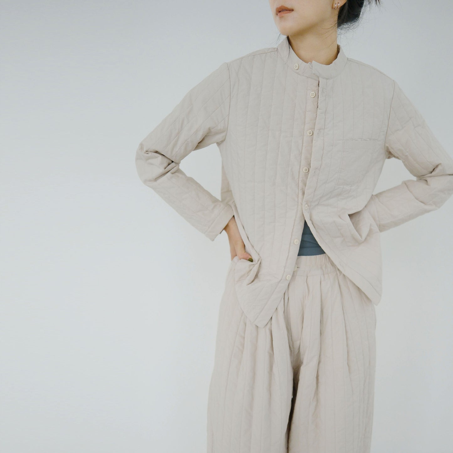 casual literary and artistic cotton paper stand-up collar thin padded shirt, striped quilting thread warm cotton-padded coat M22370