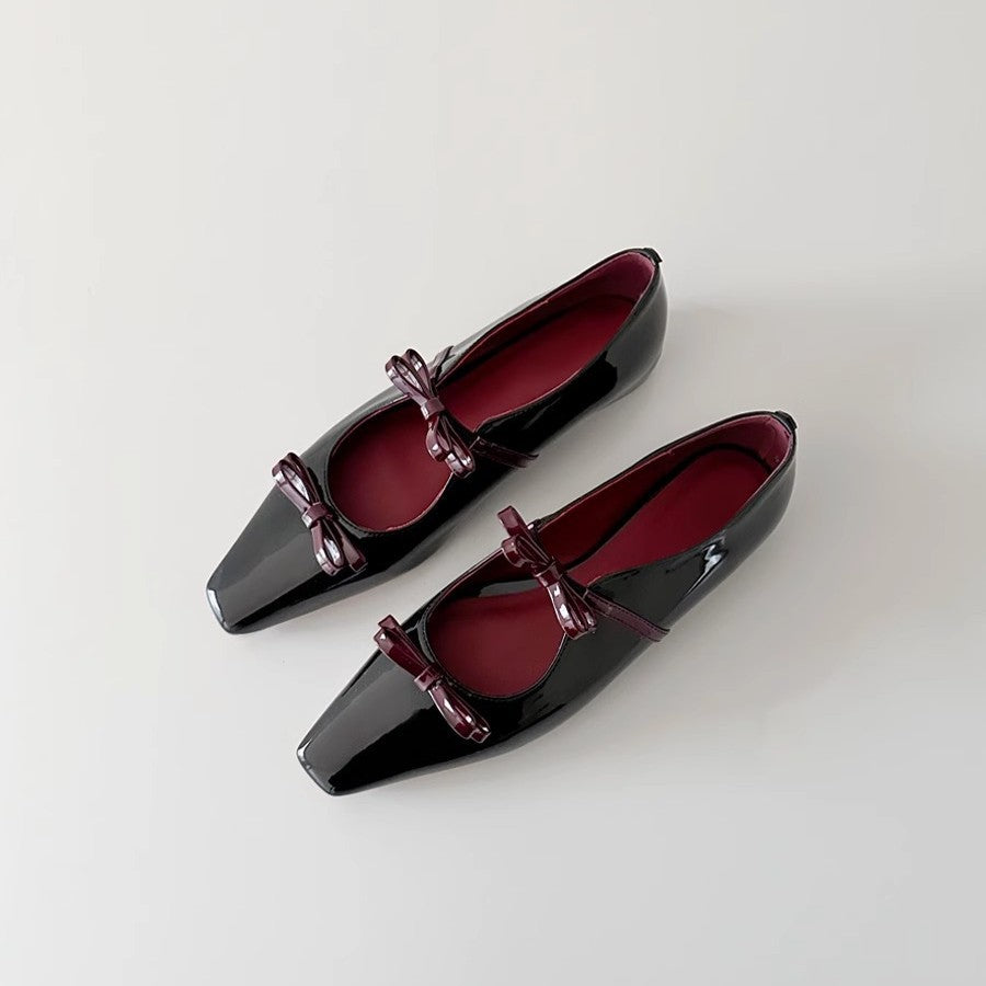 2025 Sheepskin version~ Small square head temperament bow light mouth single shoe inner height increase word belt silver Mary Jane shoes