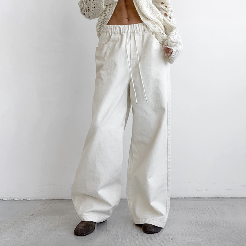 XAKXX 2025 fashion casual temperament, white loose pure cotton lace-up mid-waist versatile wide-footed pants, autumn and winter classic trousers