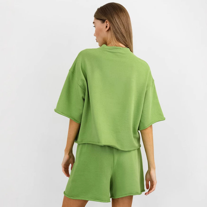 XAKXX Green short-sleeved shorts casual sports suit 2025 early spring 2025 new fashion cross-border wholesale two-piece set women
