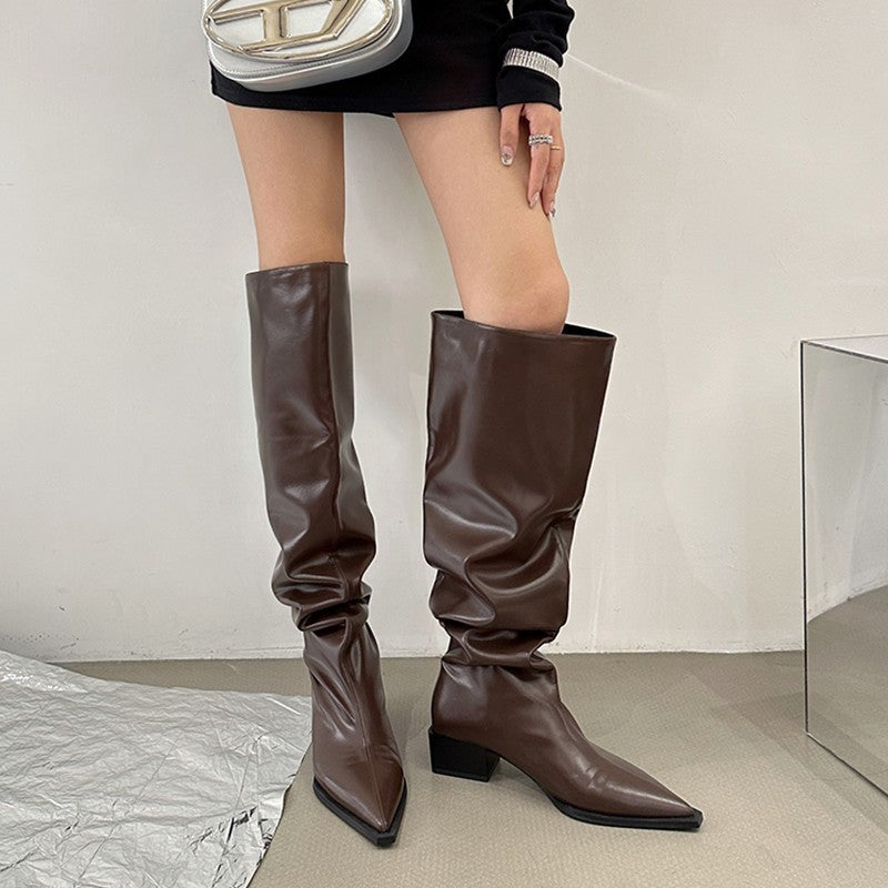 2025 Large tube pleated stacking boots women's popular new boots autumn and winter women's boots pointed boots thick heel boots
