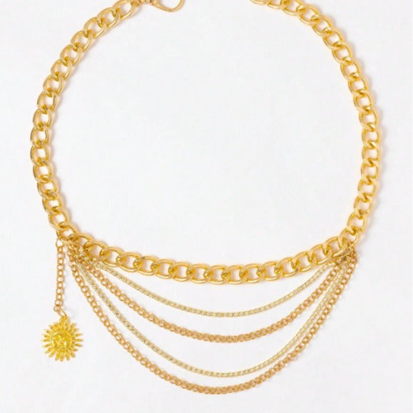 4565 Cross-border hot-selling new multi-layer wave fringed sun pendant chain waist chain exquisite metal chain waist chain belt