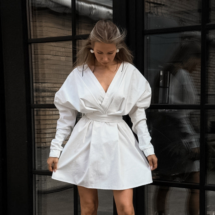 XAKXX 2025Russian autumn sexy design V-neck bubble sleeve dress versatile fashion temperament lace-up small white dress