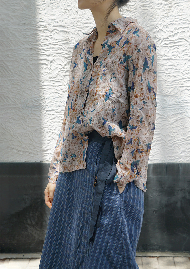 casual literary ramie printed versatile shirt, Wenqing trendy loose sunshade long-sleeved top S21041