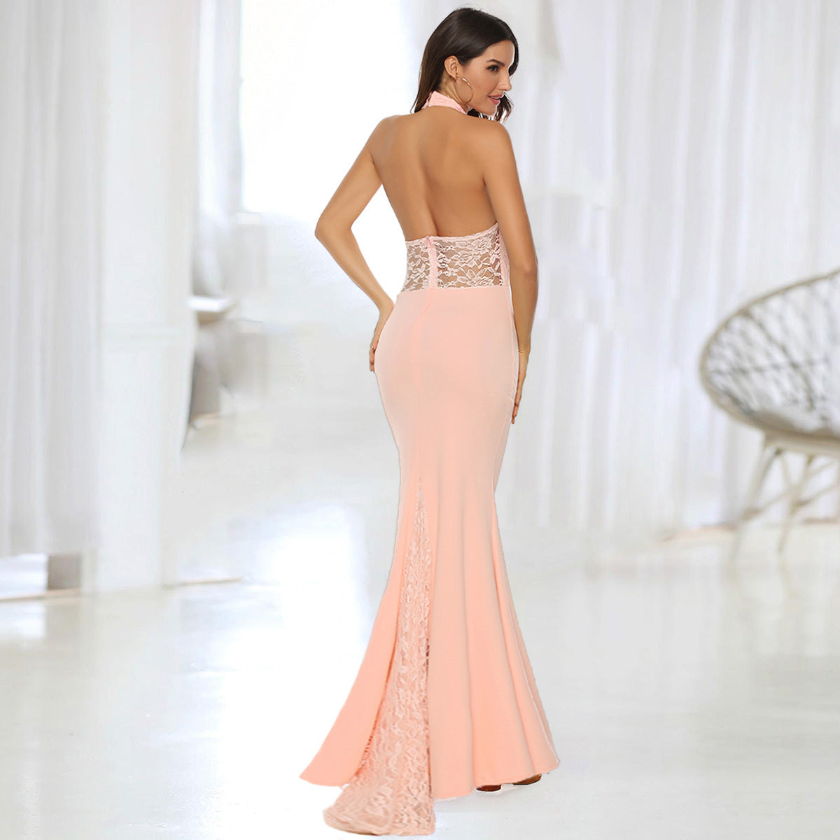XAKXX Russian women's clothing noble fishtail skirt backless shoulder sexy neck lace evening dress long light luxury dress