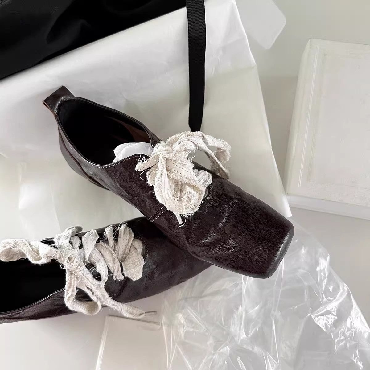 2025 Cowhide version~ retro literary square head small leather shoes high sense thick heel front lace-up ballet style versatile single shoes women