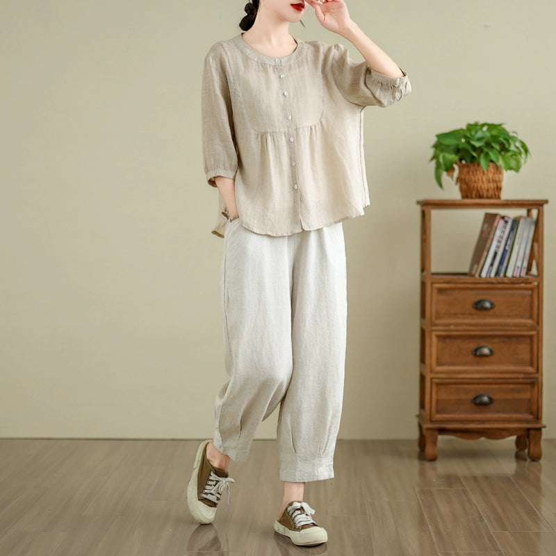 Casual cotton and linen suit, new fashion nine-point Harlan pants in summer , loose meat covering and thin mother outfit