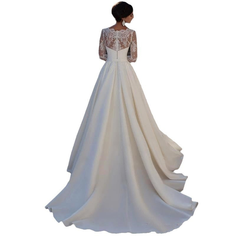 2025 Hot trade new V-neck lace long-sleeved trailing wedding dress simple trailing slim lace satin banquet hosting wedding dress