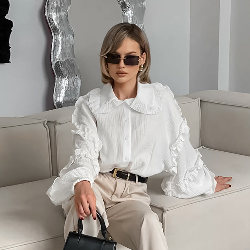 XAKXX Spring and summer fashion casual pure cotton white loose lapel lantern sleeve commuter shirt women's design shirt