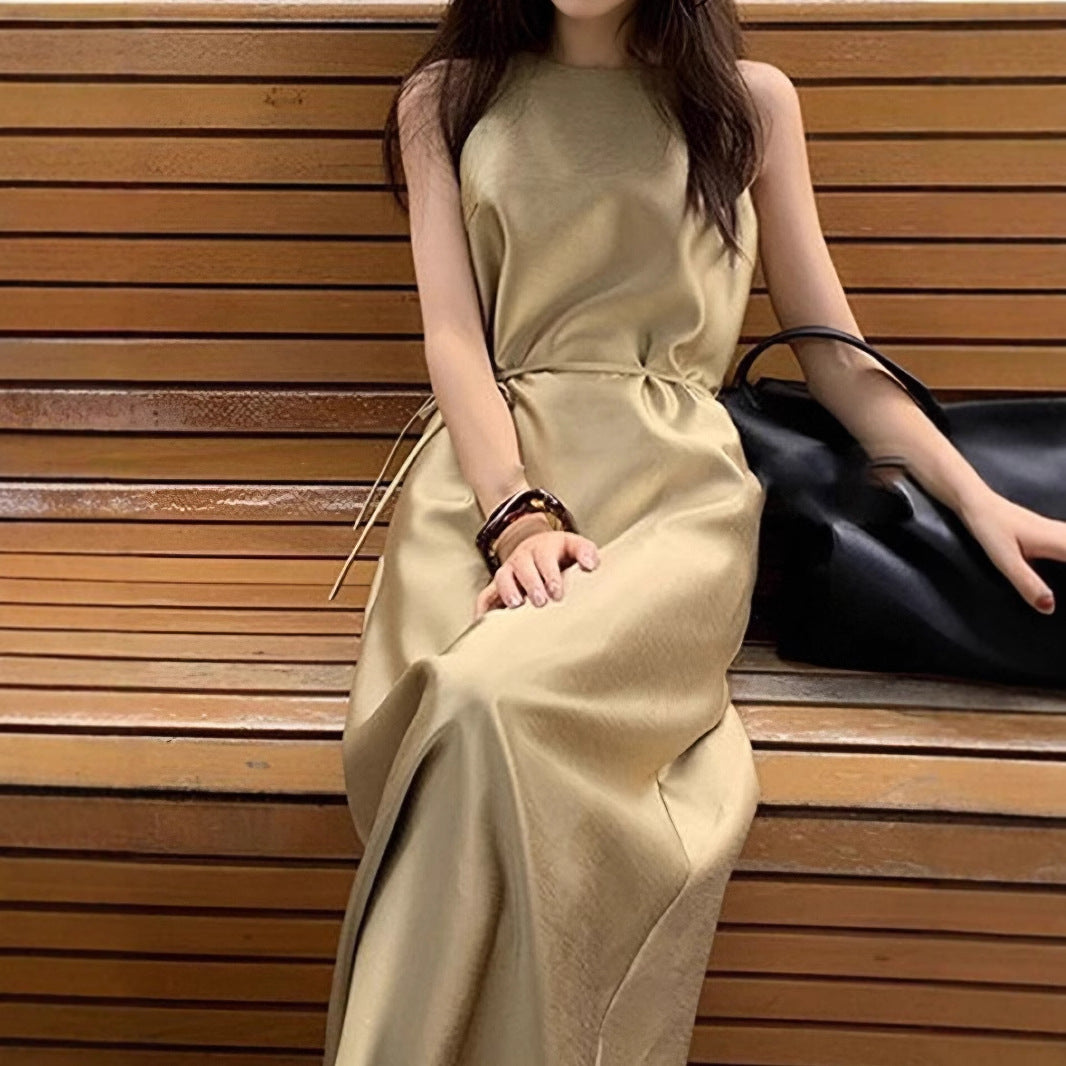 2025 satin neck-hanging thin dress women's clothing summer new high-end loose contrasting color dress