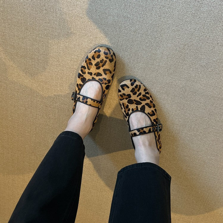 2025 Sheepskin version~ 2025 new niche leopard print one-word with shallow mouth single shoes women's flat Mary Jane women's shoes