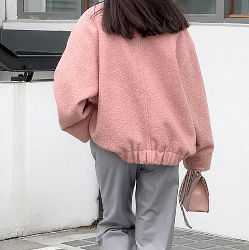 XAKXX 2025popular 2025 autumn temperament three-dimensional loose niche pink velvet small stand-up collar commuting long-sleeved jacket wholesale women