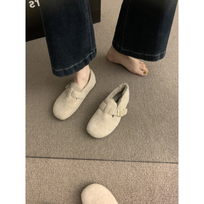 2025 Birkenstock shoes women's autumn and winter velvet popular new Korean version retro flat-bottomed one-pedal thermal cotton shoes