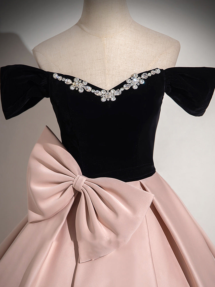 Pink evening dress 2025 new one-word shoulder super fairy satin princess dress birthday party art test dress dress dress