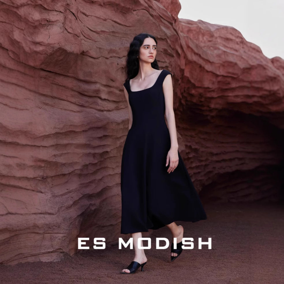 2025 ES MODISH spring new high-end explosion square collar halter waist suspender small black dress dress women