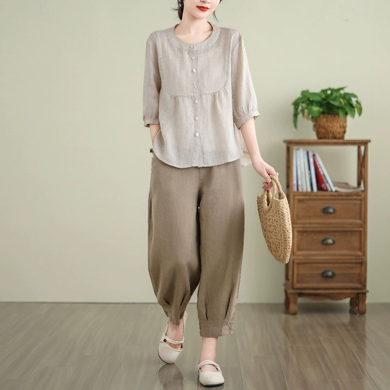 Casual cotton and linen suit, new fashion nine-point Harlan pants in summer , loose meat covering and thin mother outfit