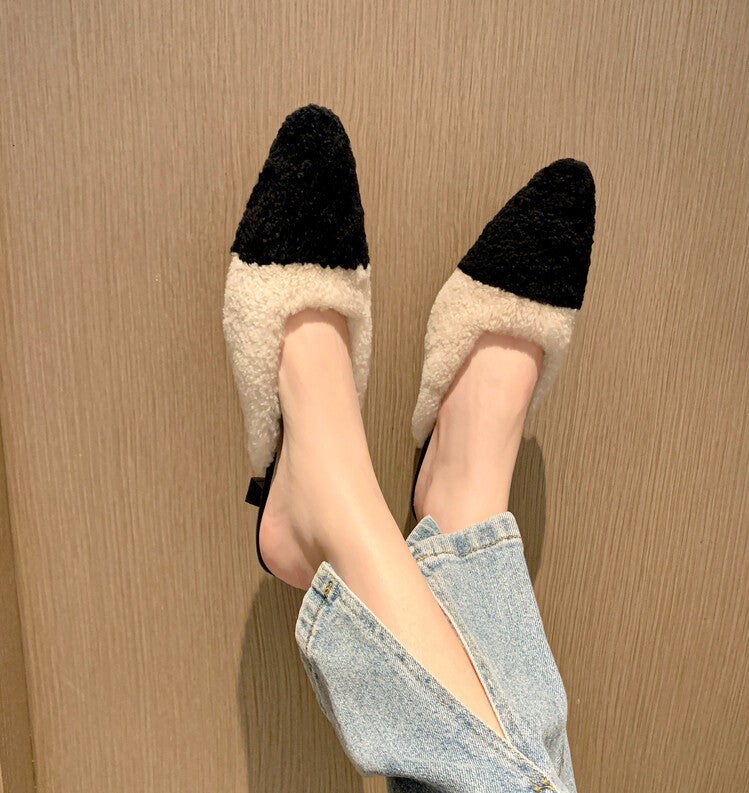 2025 Xiaoxiang fluffy slippers women's wear popular winter color matching velvet high-heeled bag head evening wind half slippers