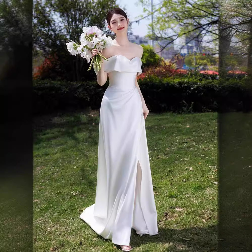 2025 one-word shoulder light wedding dress travel photography temperament simple satin white evening dress bride wedding welcome dress