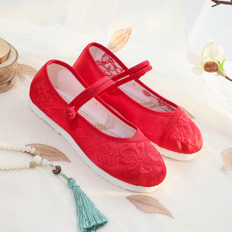 xakxx The Han-Style Clothing Shoes Women's Spring and Summer Old Beijing Cloth Shoes Flat Zen Embroidered Shoes Low Heel Ethnic Style Tea Artist Work Shoes