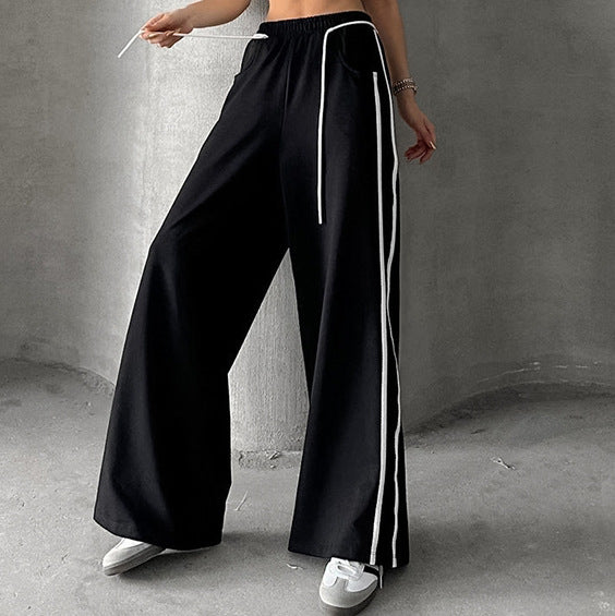 XAKXX 20252025 New drawstring contrasting casual trousers women's fashion versatile high-end sense 2025n striped contrasting sweatpants women's models
