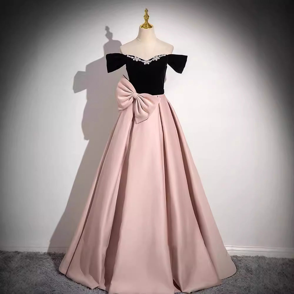 Pink evening dress 2025 new one-word shoulder super fairy satin princess dress birthday party art test dress dress dress