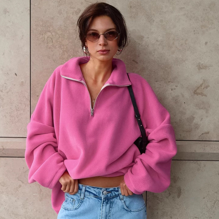 XAKXX Autumn and winter new pink lapel fleece sweater New 2025 fashion cross-border wholesale women's lamb fleece top