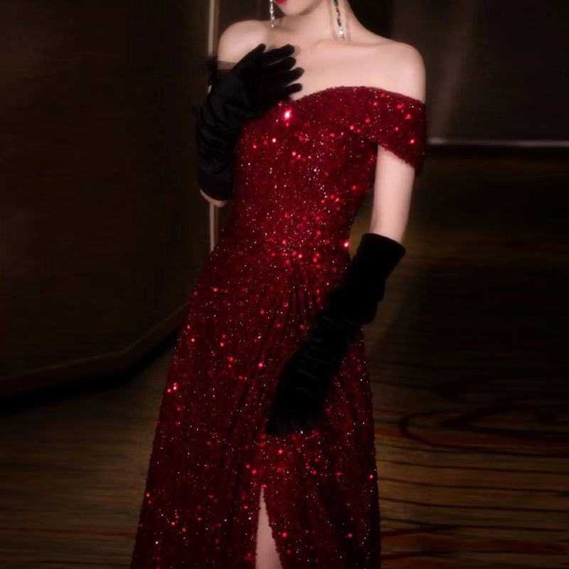 2025 Toast Bride Shoulder Red Textured Engagement Dress Host Fish Tail Evening Dress Women's Spring
