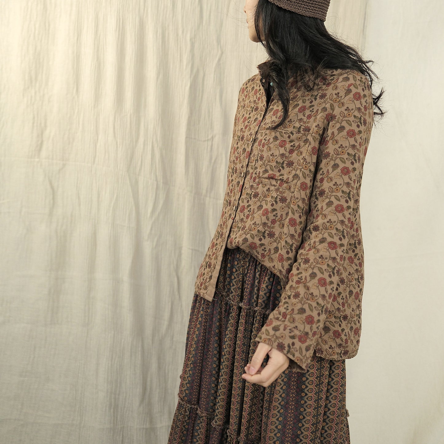23 spring and summer retro old printed double-layer cotton shirt, medieval casual stand-up collar burr top S23001