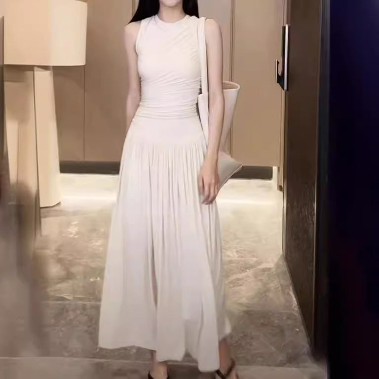 2025 solid color vest pleated dress women's summer popular new slim-fitting sleeveless high-end casual long skirt