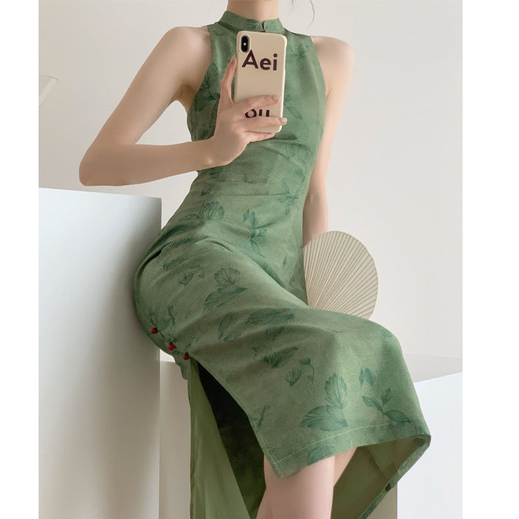 Only Green Forest/Retro White Green Improved New Chinese Cheongsam Dress Mid-Length 2025 Generation Hair