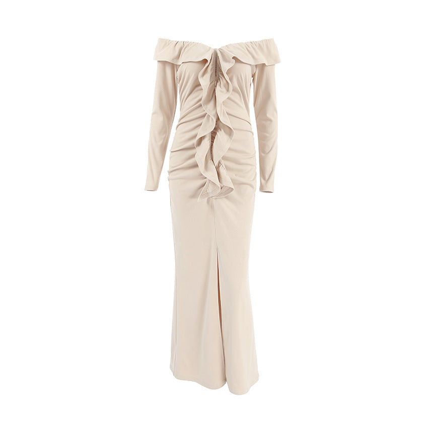 XAKXX 2025Slim-fit ruffle edge dress popular autumn and winter high-end sense khaki one-word neck tube top open fork fish tail long dress women