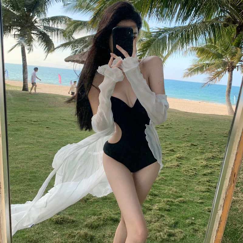 2025 Holiday style white sunscreen cardigan women's spring summer travel photo atmosphere long beach blouse seaside wear