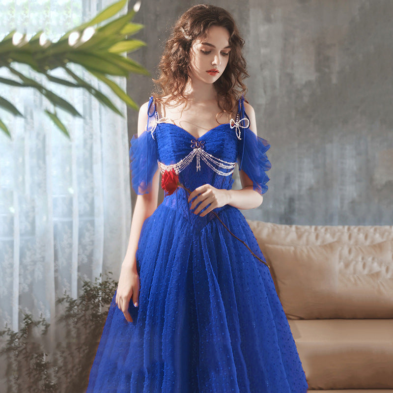 Burgundy host heavy industry light luxury toasting clothes nail beads annual meeting one-word shoulder model catwalk starry sky adult dress